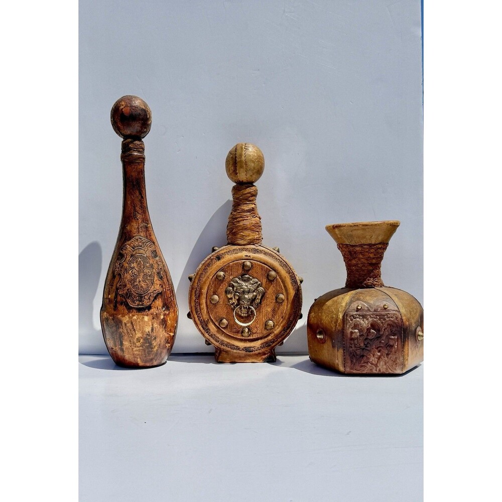 Lot of 3 Vintage Leather Wrapped Bottles – Made In Italy Flask Bottle Decanter